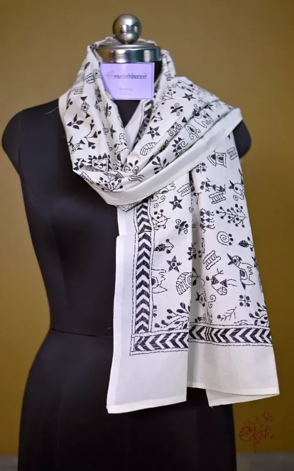 White on Black Bengal Kantha Embroidery Tussar Silk Handloom stole