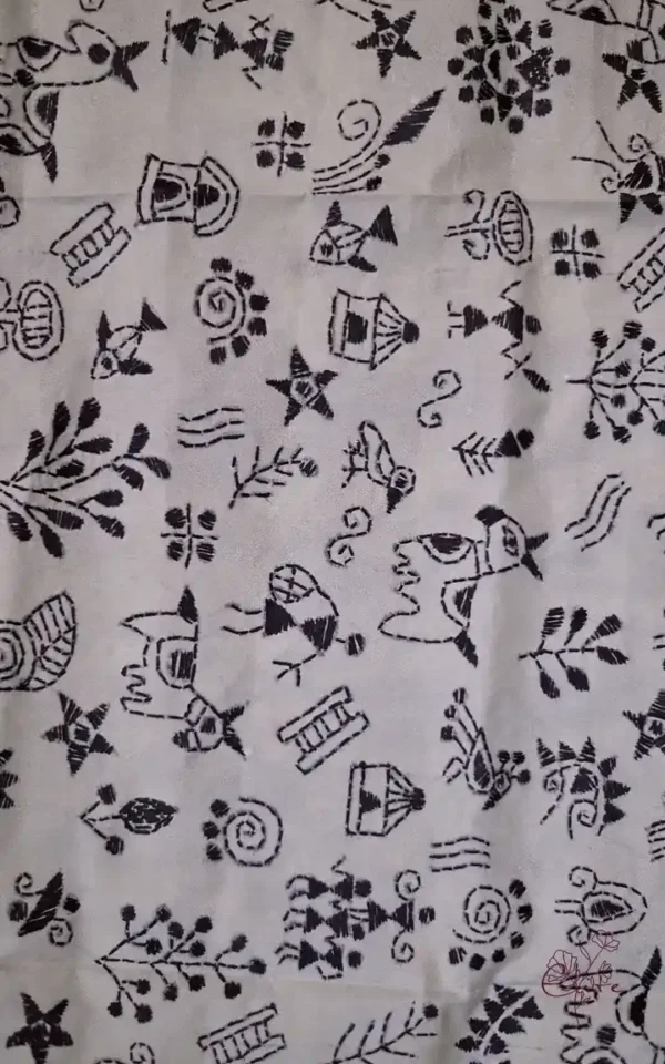 White on Black Bengal Kantha Embroidery Tussar Silk Handloom stole