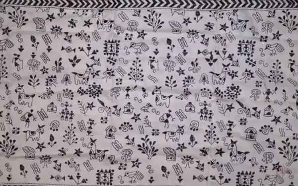 White on Black Bengal Kantha Embroidery Tussar Silk Handloom stole