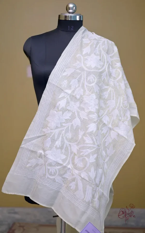 Off White on White Bengal Kantha Embroidery Tussar Silk Handloom stole