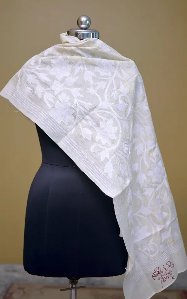Off White on White Bengal Kantha Embroidery Tussar Silk Handloom stole