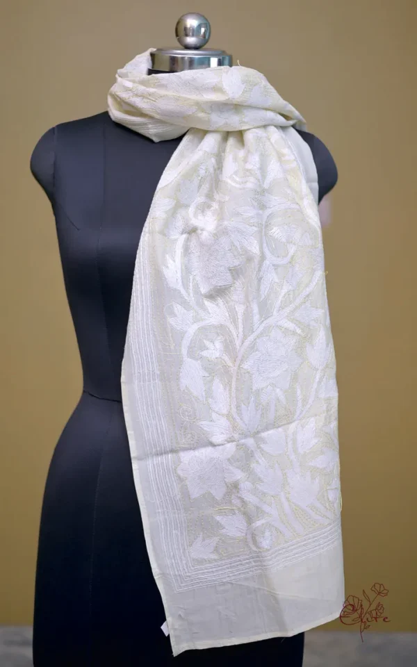 Off White on White Bengal Kantha Embroidery Tussar Silk Handloom stole