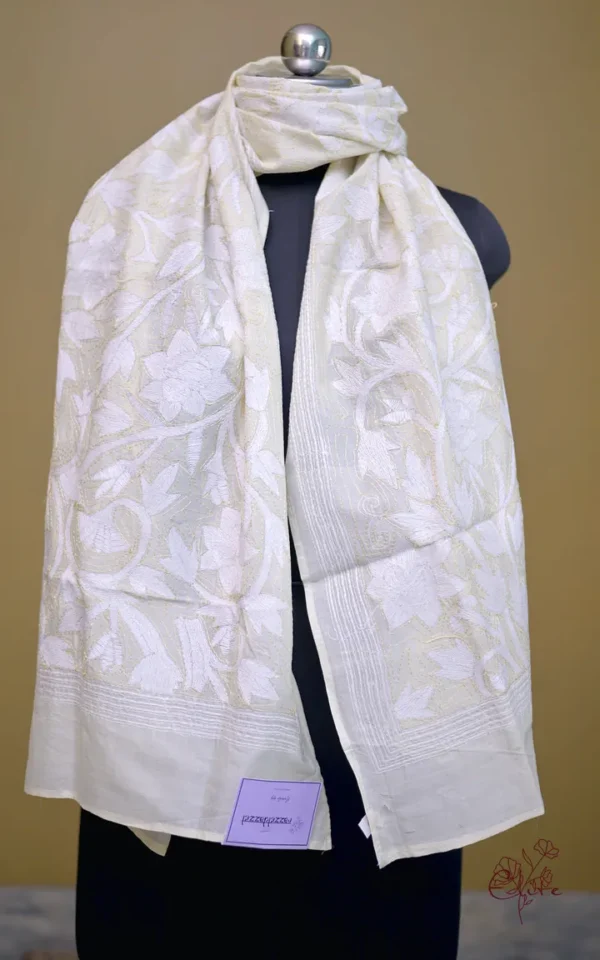 Off White on White Bengal Kantha Embroidery Tussar Silk Handloom stole
