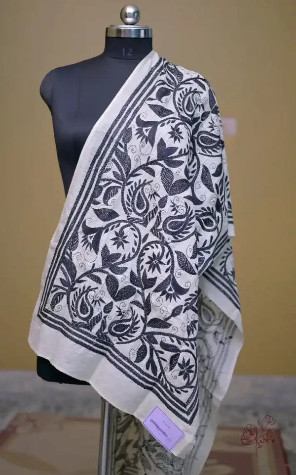 Off White on Black Bengal Kantha Embroidery Tussar Silk Handloom stole