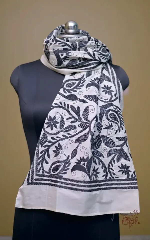 Off White on Black Bengal Kantha Embroidery Tussar Silk Handloom stole