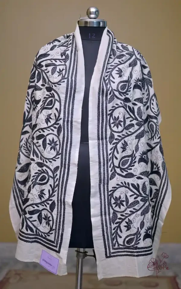 Off White on Black Bengal Kantha Embroidery Tussar Silk Handloom stole