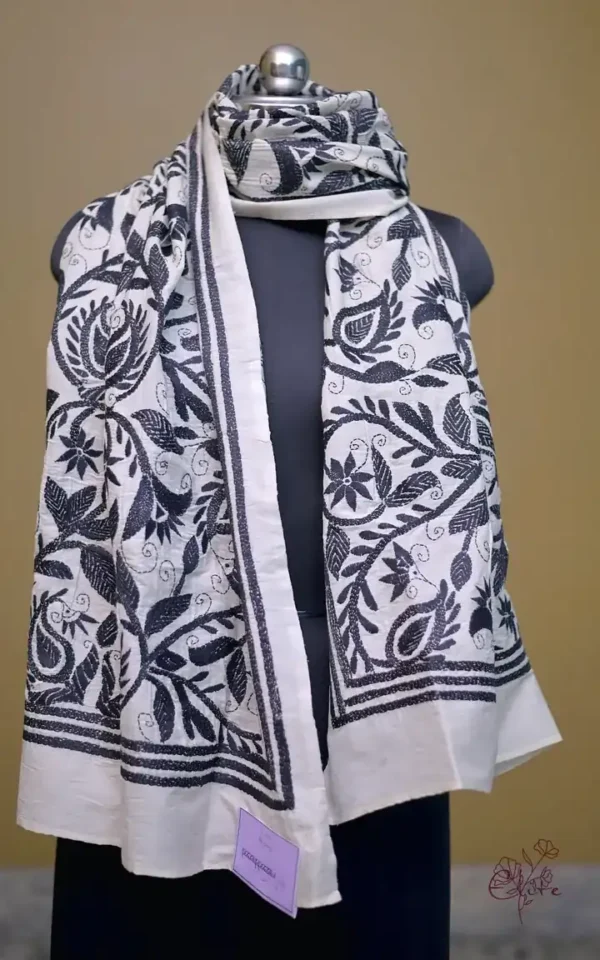Off White on Black Bengal Kantha Embroidery Tussar Silk Handloom stole