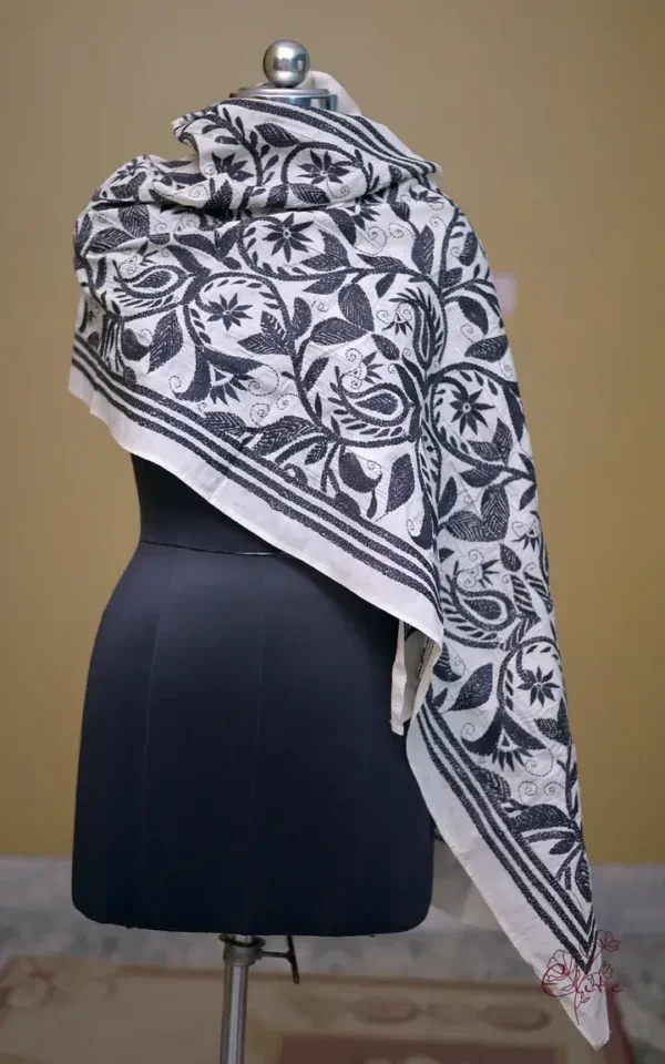 Off White on Black Bengal Kantha Embroidery Tussar Silk Handloom stole