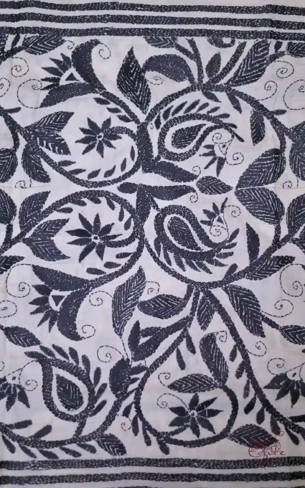 Off White on Black Bengal Kantha Embroidery Tussar Silk Handloom stole