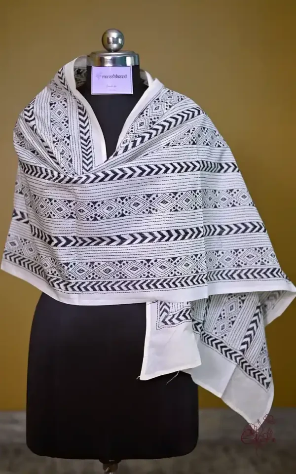 White on Black Bengal Kantha Embroidery Tussar Silk Handloom stole