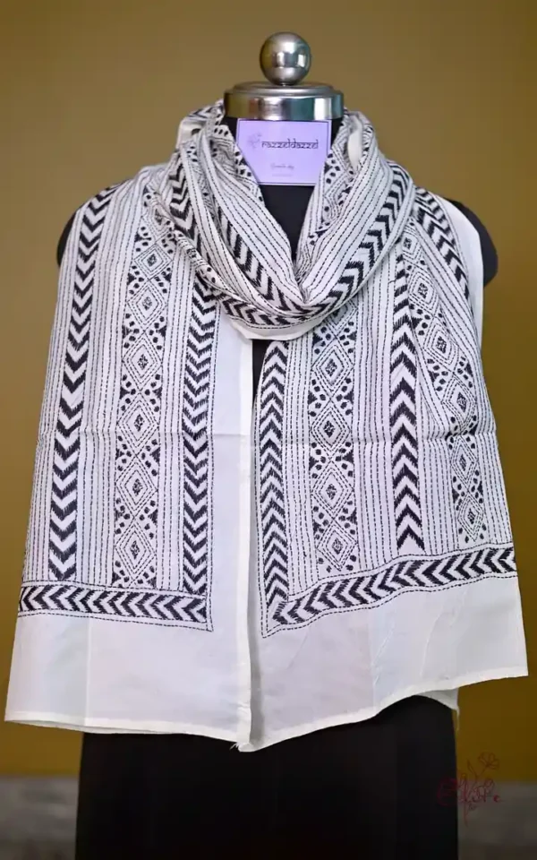 White on Black Bengal Kantha Embroidery Tussar Silk Handloom stole