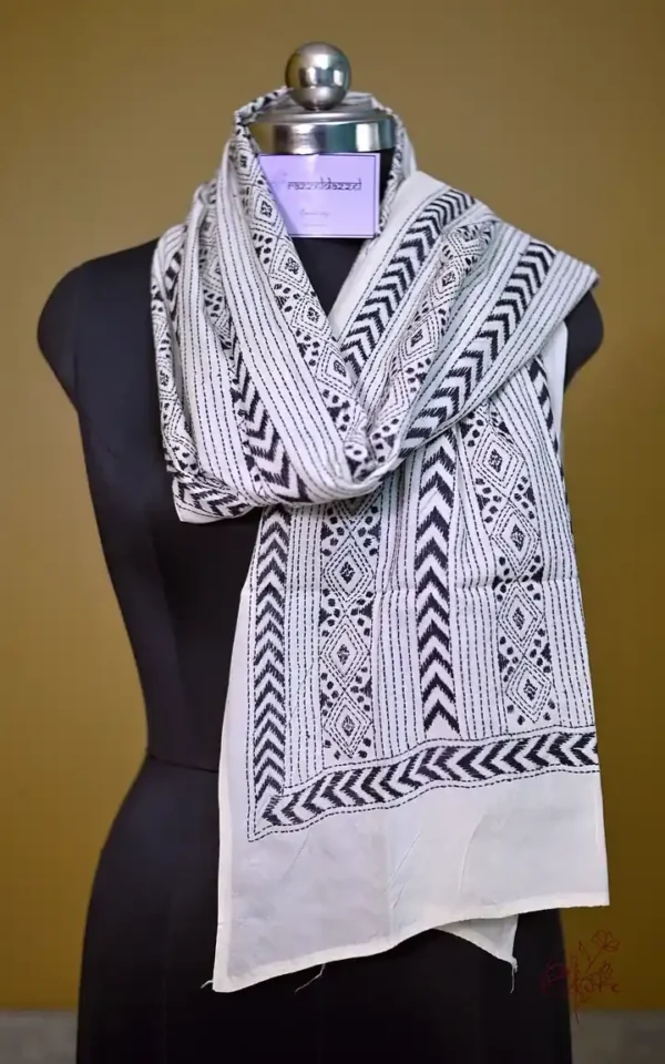 White on Black Bengal Kantha Embroidery Tussar Silk Handloom stole