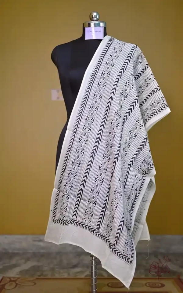 White on Black Bengal Kantha Embroidery Tussar Silk Handloom stole