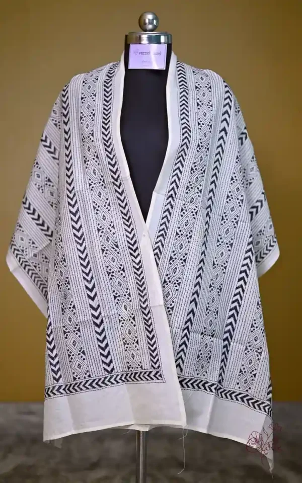 White on Black Bengal Kantha Embroidery Tussar Silk Handloom stole