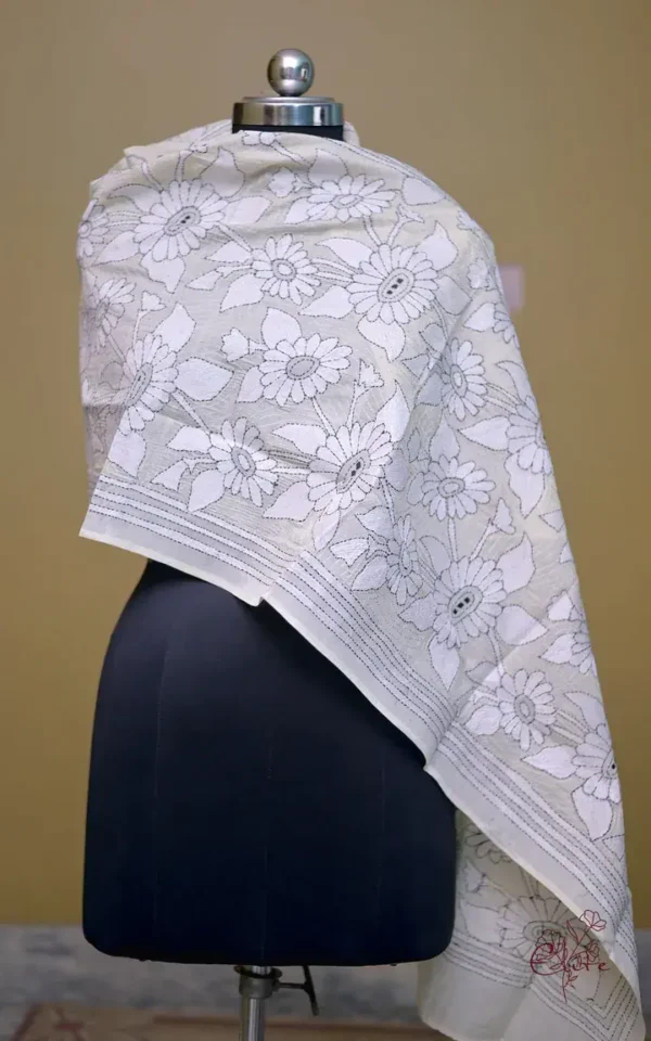 Off White on White n Black Bengal Kantha Embroidery Tussar Silk Handloom stole