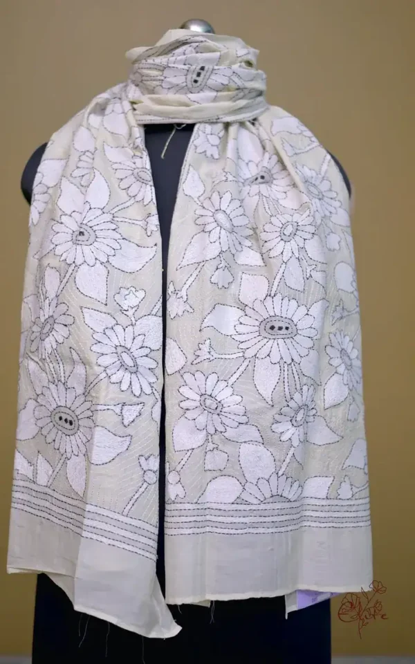 Off White on White n Black Bengal Kantha Embroidery Tussar Silk Handloom stole
