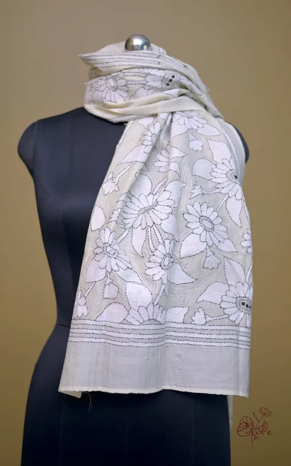 Off White on White n Black Bengal Kantha Embroidery Tussar Silk Handloom stole