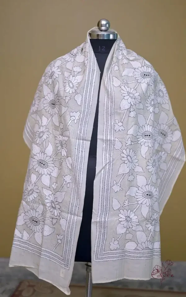 Off White on White n Black Bengal Kantha Embroidery Tussar Silk Handloom stole