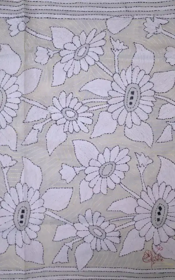 Off White on White n Black Bengal Kantha Embroidery Tussar Silk Handloom stole