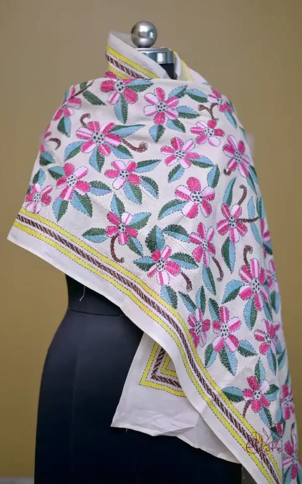 Off White on Multicolor Bengal Kantha Embroidery Tussar Silk Handloom stole