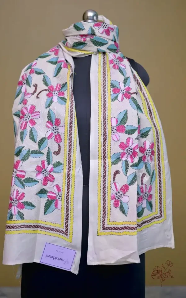 Off White on Multicolor Bengal Kantha Embroidery Tussar Silk Handloom stole
