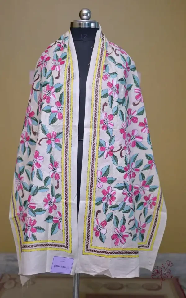Off White on Multicolor Bengal Kantha Embroidery Tussar Silk Handloom stole