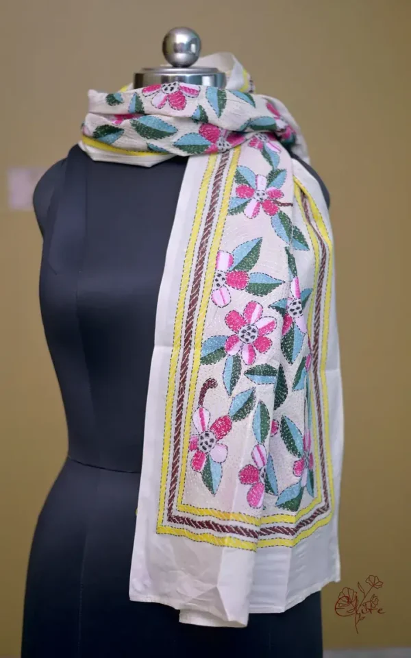 Off White on Multicolor Bengal Kantha Embroidery Tussar Silk Handloom stole
