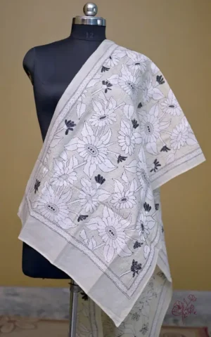 Off White on White n Black Bengal Kantha Embroidery Tussar Silk Handloom stole