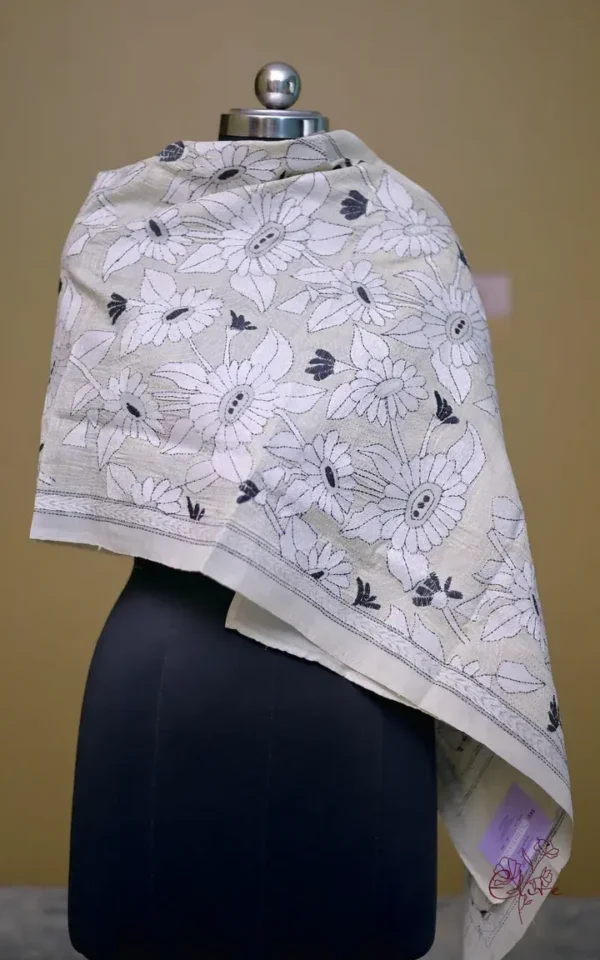 Off White on White n Black Bengal Kantha Embroidery Tussar Silk Handloom stole