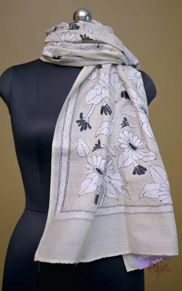 Off White on White n Black Bengal Kantha Embroidery Tussar Silk Handloom stole