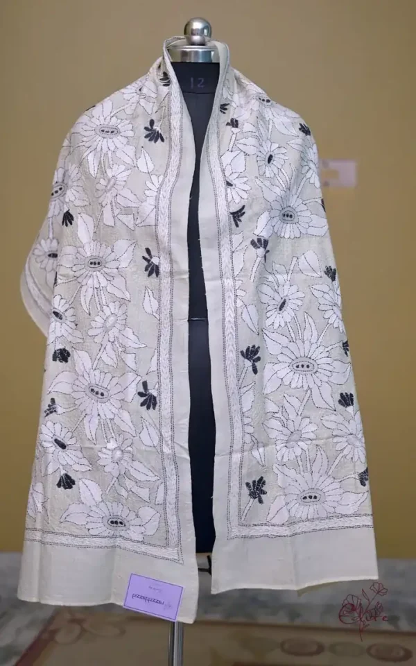 Off White on White n Black Bengal Kantha Embroidery Tussar Silk Handloom stole