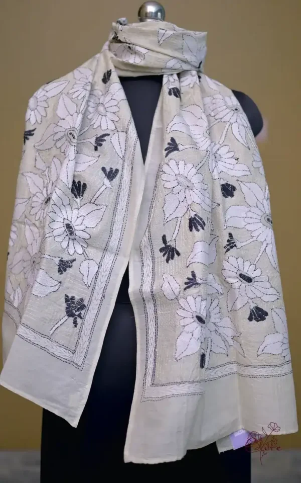 Off White on White n Black Bengal Kantha Embroidery Tussar Silk Handloom stole