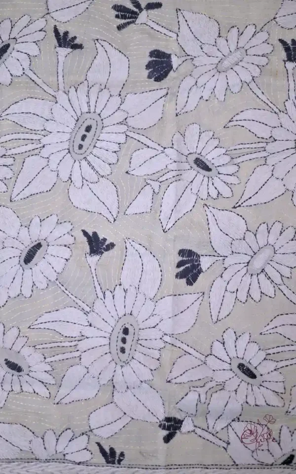 Off White on White n Black Bengal Kantha Embroidery Tussar Silk Handloom stole