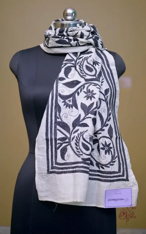 Off White on Black Bengal Kantha Embroidery Tussar Silk Handloom stole