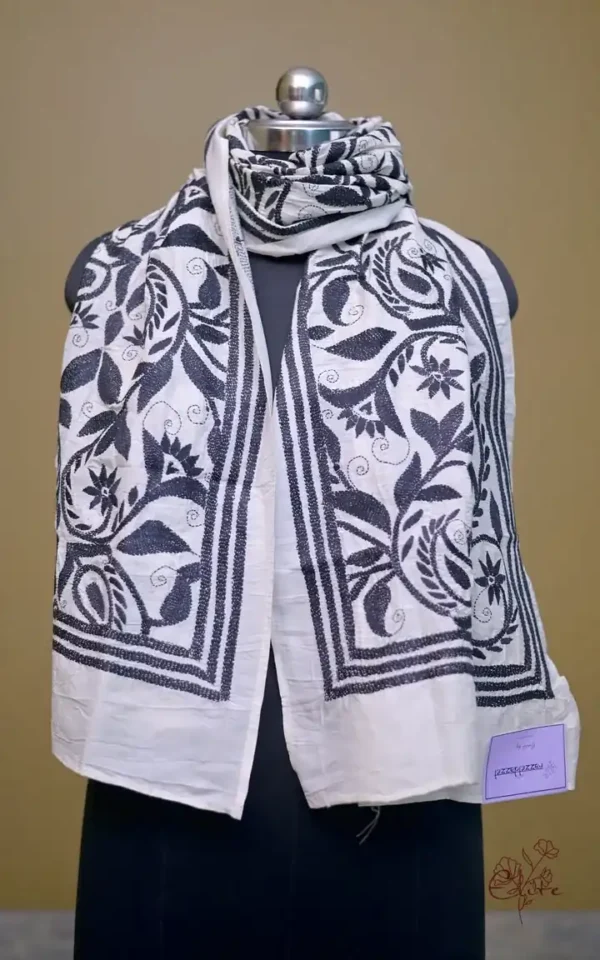 Off White on Black Bengal Kantha Embroidery Tussar Silk Handloom stole