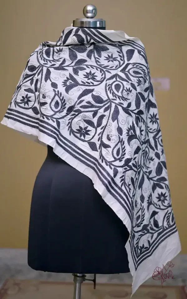 Off White on Black Bengal Kantha Embroidery Tussar Silk Handloom stole