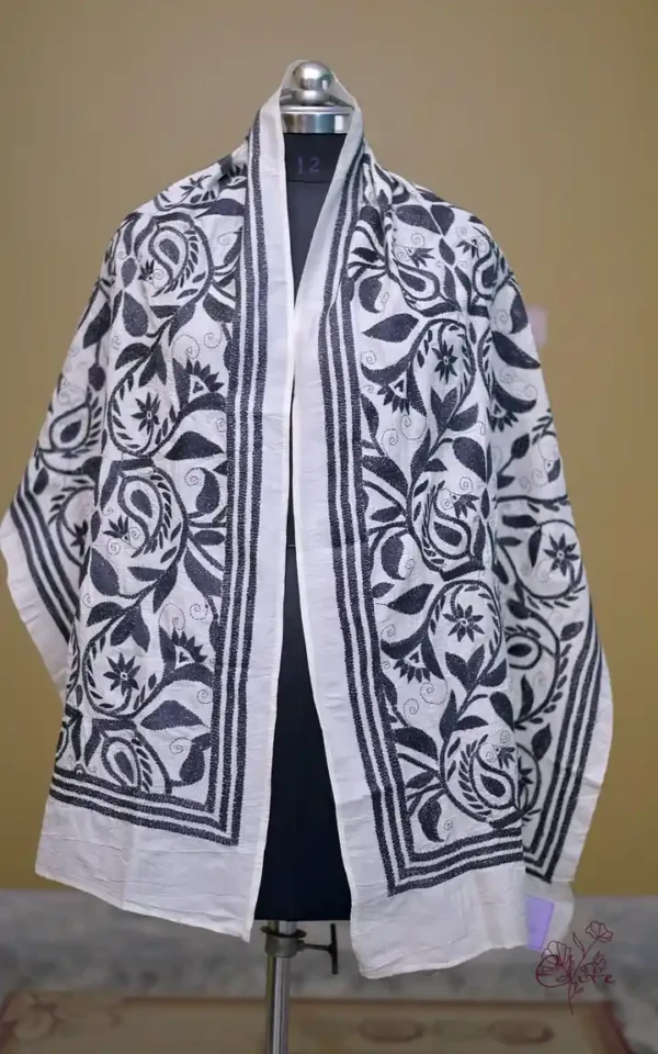 Off White on Black Bengal Kantha Embroidery Tussar Silk Handloom stole