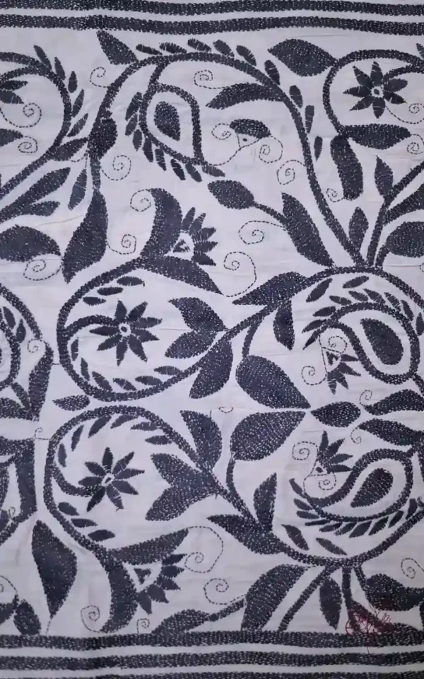Off White on Black Bengal Kantha Embroidery Tussar Silk Handloom stole