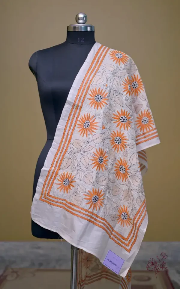 Off White on Orange Bengal Kantha Embroidery Tussar Silk Handloom stole