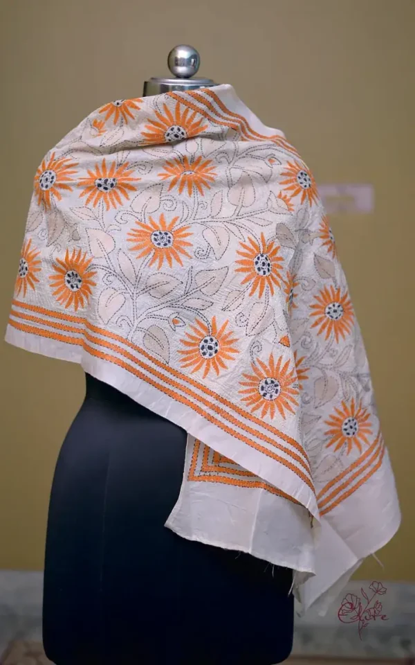 Off White on Orange Bengal Kantha Embroidery Tussar Silk Handloom stole