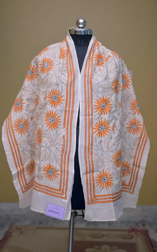 Off White on Orange Bengal Kantha Embroidery Tussar Silk Handloom stole