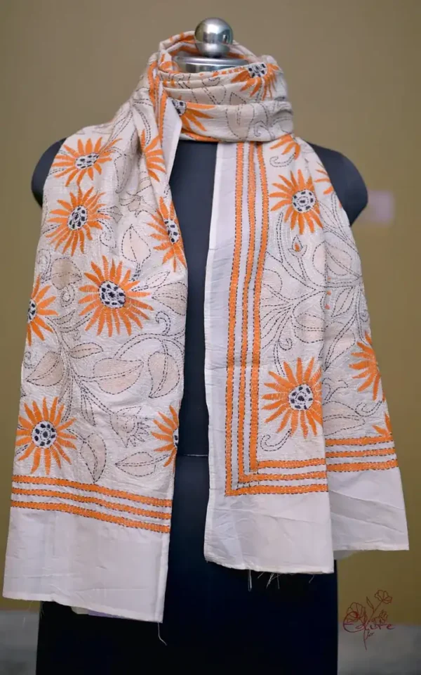 Off White on Orange Bengal Kantha Embroidery Tussar Silk Handloom stole