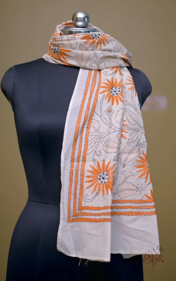 Off White on Orange Bengal Kantha Embroidery Tussar Silk Handloom stole