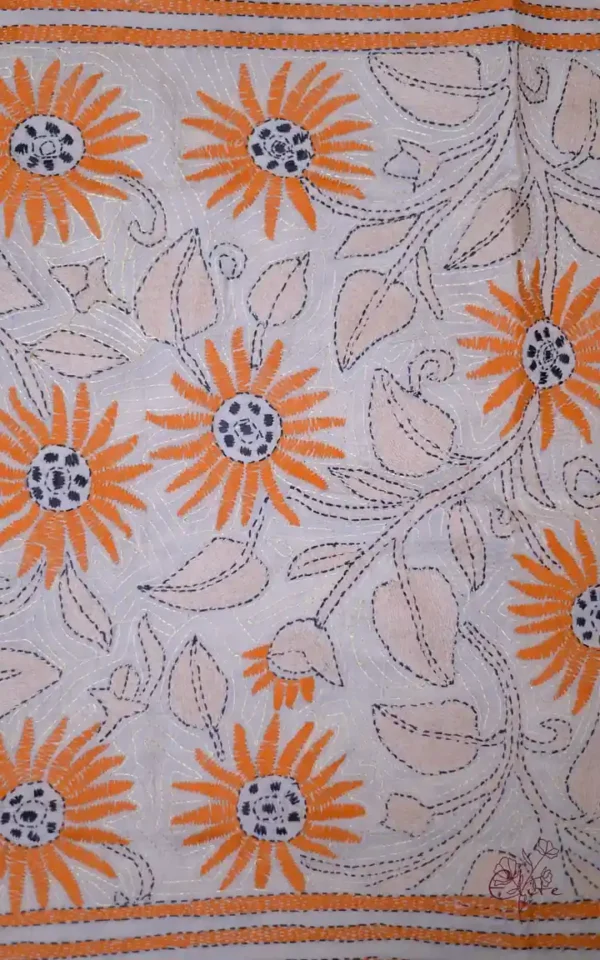 Off White on Orange Bengal Kantha Embroidery Tussar Silk Handloom stole