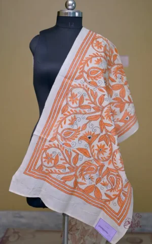 Off White on Orange Bengal Kantha Embroidery Tussar Silk Handloom stole