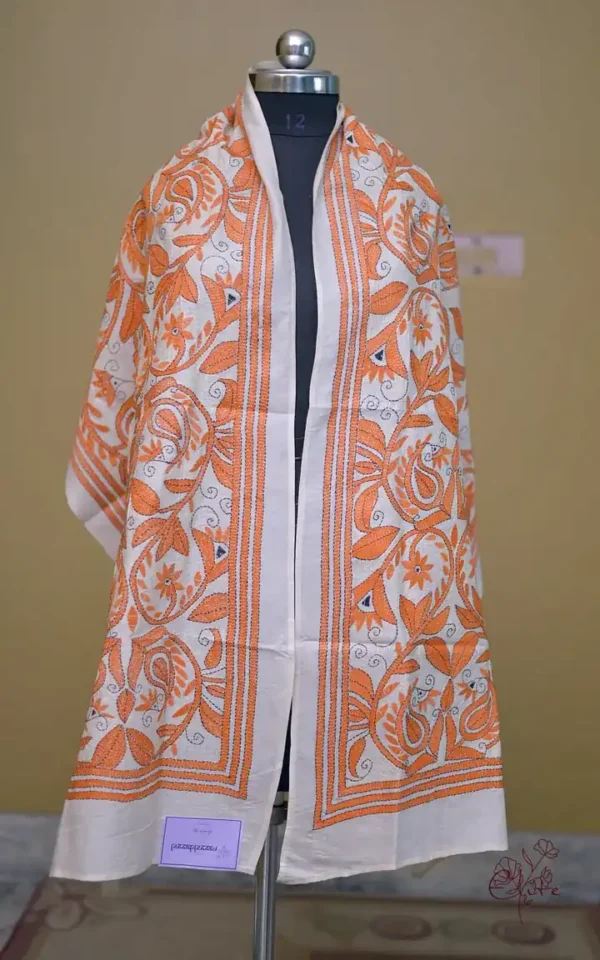 Off White on Orange Bengal Kantha Embroidery Tussar Silk Handloom stole
