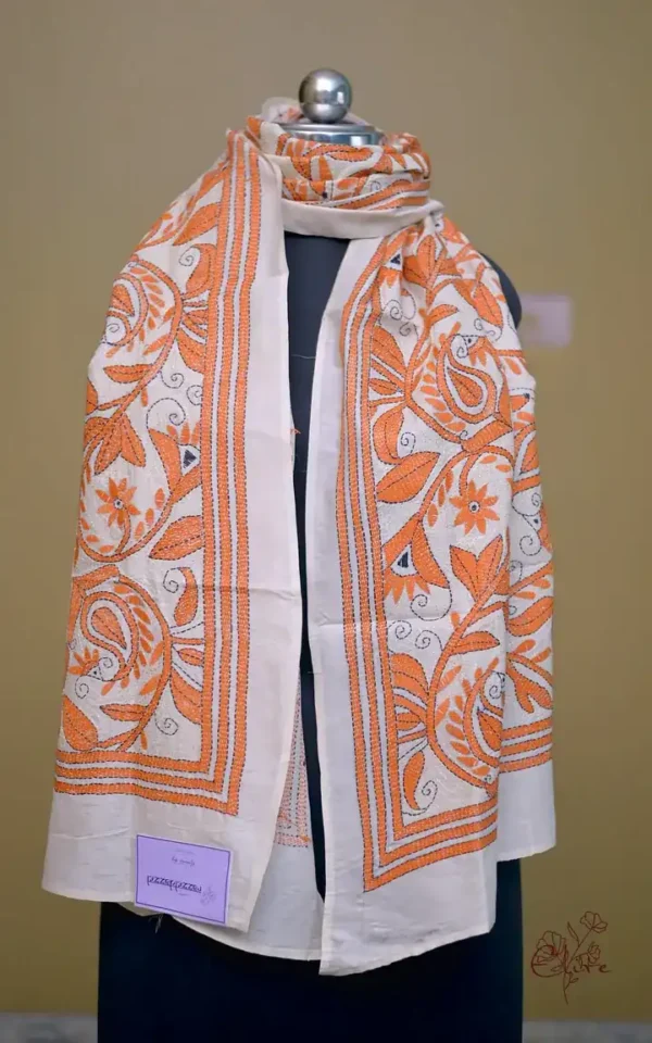 Off White on Orange Bengal Kantha Embroidery Tussar Silk Handloom stole