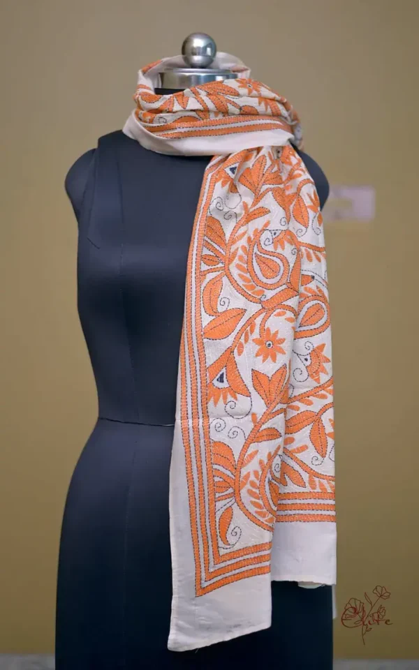 Off White on Orange Bengal Kantha Embroidery Tussar Silk Handloom stole