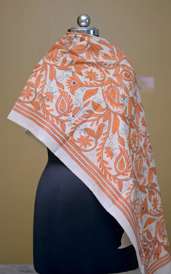 Off White on Orange Bengal Kantha Embroidery Tussar Silk Handloom stole