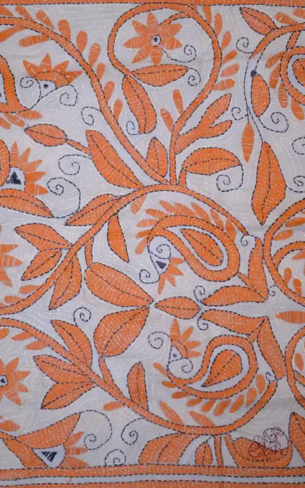 Off White on Orange Bengal Kantha Embroidery Tussar Silk Handloom stole